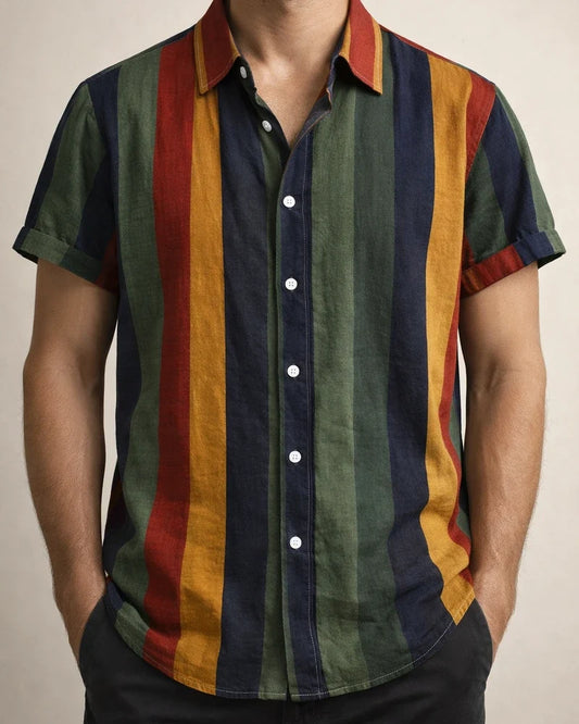 Men's Shirt Striped Collar Street Daily Button-Down Short Sleeve Tops Cotton Casual Hawaiian Comfortable Green | JRSEE:012abbf0-61dd-4892-b151-69fd70b369a7