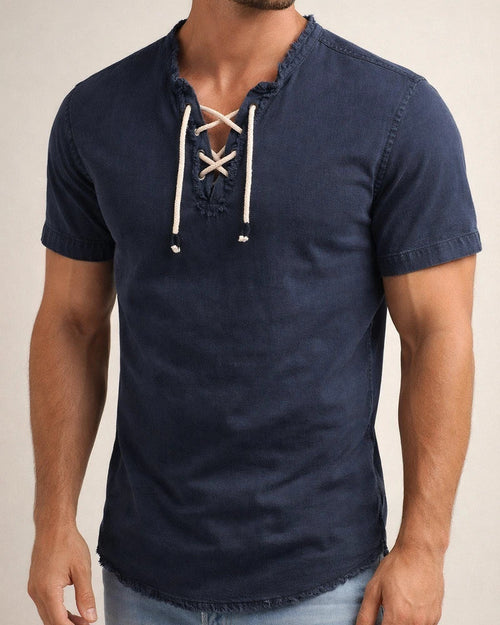 Men's Shirt Summer Shirt Denim Shirt Chambray Shirt Dark Navy Navy Blue Light Blue Short Sleeve Graphic Prints Standing Collar Casual Daily Drawstring Clothing Apparel Fashion Casual Breathable | JRSEE:dee7e7fc-efdc-418a-8f47-3760429d4056