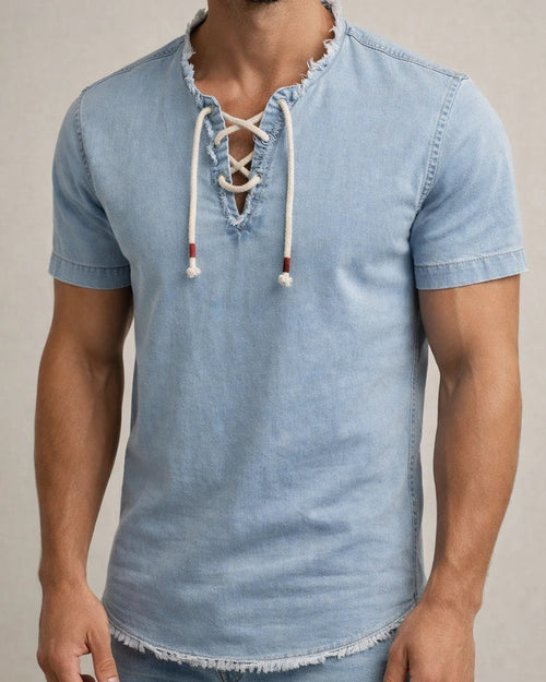 Men's Shirt Summer Shirt Denim Shirt Chambray Shirt Dark Navy Navy Blue Light Blue Short Sleeve Graphic Prints Standing Collar Casual Daily Drawstring Clothing Apparel Fashion Casual Breathable | JRSEE:8a2575f6-1201-4a3c-85d1-9e12aa75c5b0