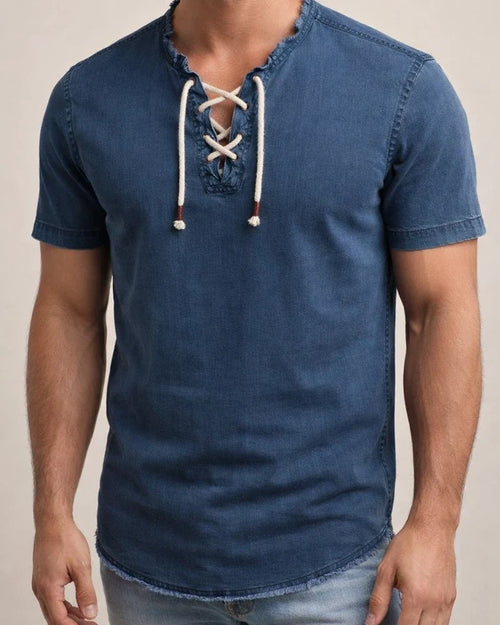 Men's Shirt Summer Shirt Denim Shirt Chambray Shirt Dark Navy Navy Blue Light Blue Short Sleeve Graphic Prints Standing Collar Casual Daily Drawstring Clothing Apparel Fashion Casual Breathable | JRSEE:4a4e3c7a-e5c9-494a-9ac3-bd684d74983e