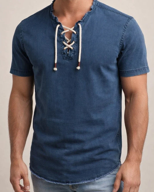 Men's Shirt Summer Shirt Denim Shirt Chambray Shirt Dark Navy Navy Blue Light Blue Short Sleeve Graphic Prints Standing Collar Casual Daily Drawstring Clothing Apparel Fashion Casual Breathable | JRSEE:4a4e3c7a-e5c9-494a-9ac3-bd684d74983e
