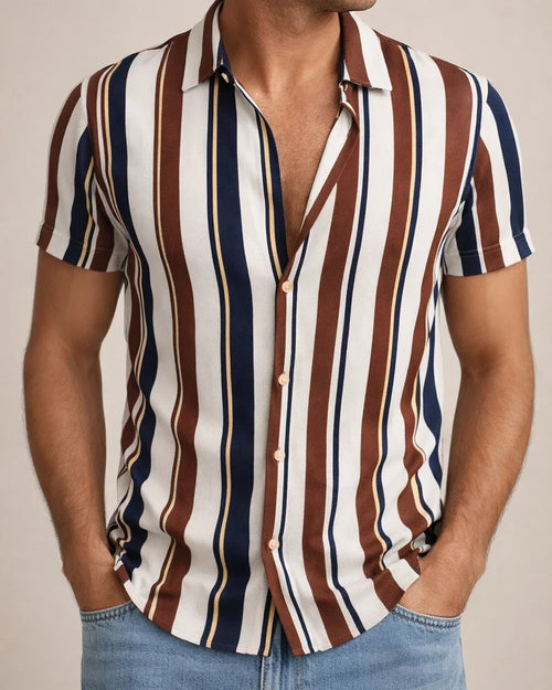 Men's Shirts Striped Collar Street Daily Buckle Printed Short-sleeved Tops Casual Fashion Breathable White, Brown, Blue, Gray Men's | JRSEE:06e04713-714a-40c8-827b-d95da98d6907