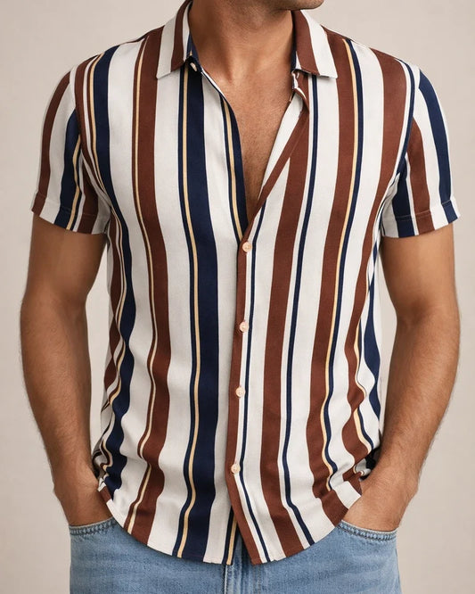 Men's Shirts Striped Collar Street Daily Buckle Printed Short-sleeved Tops Casual Fashion Breathable White, Brown, Blue, Gray Men's | JRSEE:06e04713-714a-40c8-827b-d95da98d6907
