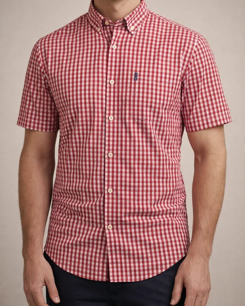 Men's Short-Sleeve Checkered Shirt 100% Cotton Casual Checkered Shirt | JRSEE:8b88f55f-e267-46e0-aeb9-2b6f4bc86cd3