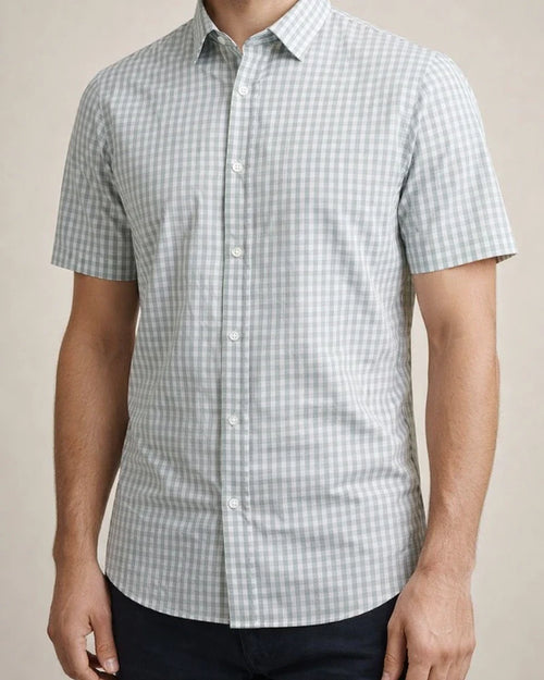 Men's Short-Sleeve Checkered Shirt 100% Cotton Casual Checkered Shirt | JRSEE:aedd00e4-7d12-41ed-a62d-d7a644e19016