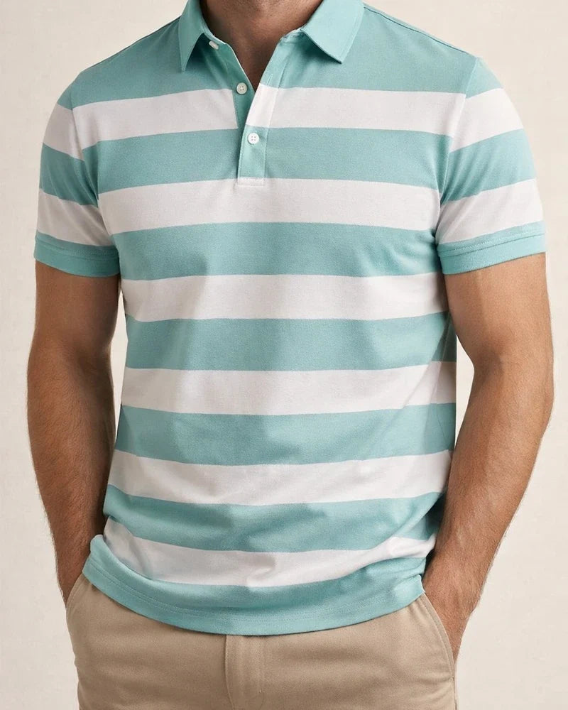 Men's Short-Sleeve Collared 3D-Printed Striped Business-Casual Polo Shirt | JRSEE:81340a06-d1e1-4910-b79e-581ab1fd8f14