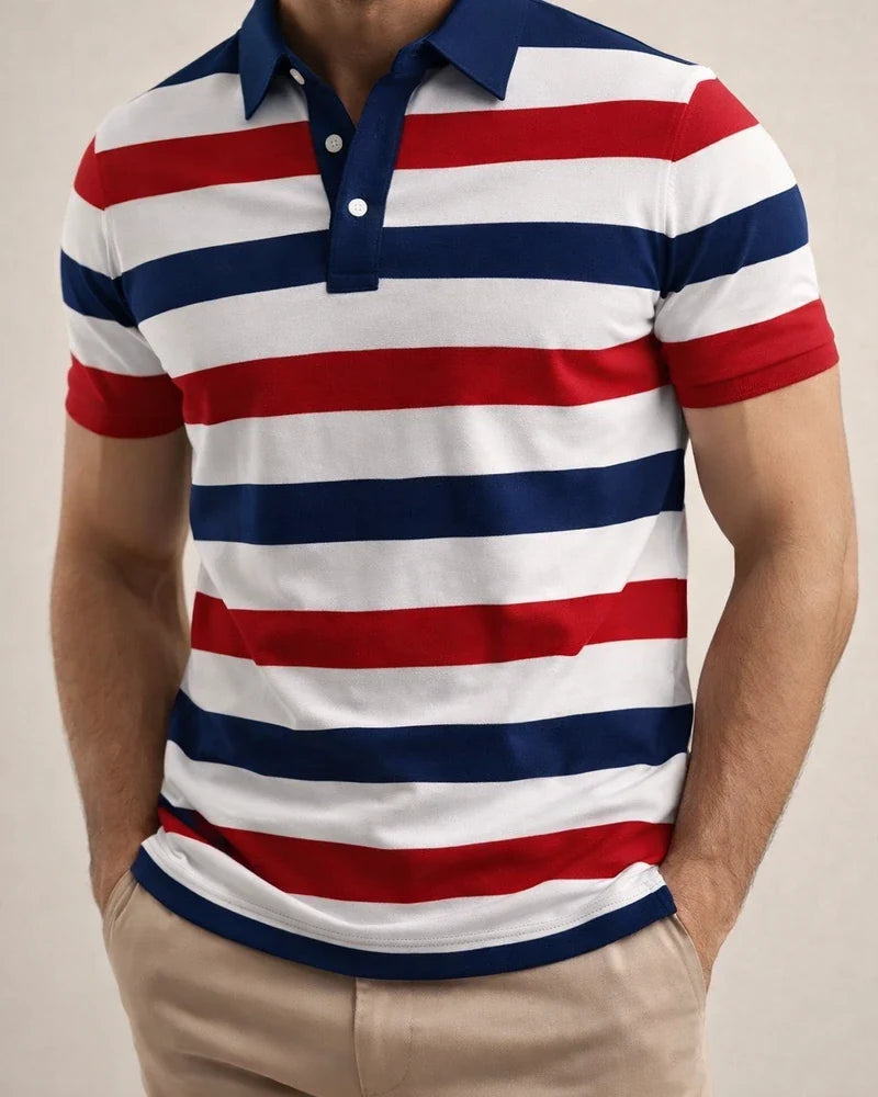 Men's Short-Sleeve Collared 3D-Printed Striped Polo Shirt Business Casual Top | JRSEE:2ff00964-df04-4465-9545-0f13036944d7
