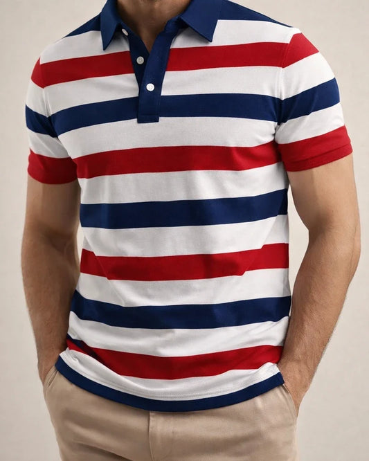 Men's Short-Sleeve Collared 3D-Printed Striped Polo Shirt Business Casual Top | JRSEE:2ff00964-df04-4465-9545-0f13036944d7