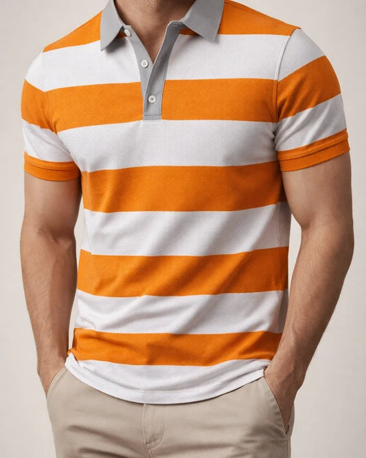 Men's Short-Sleeve Collared 3D-Printed Striped Polo Shirt Business Casual Top | JRSEE:af239fb1-6d10-4aab-b0c4-6fb5aa55dc7e