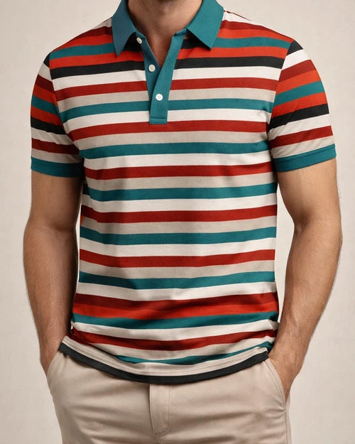 Men's Short-Sleeve Collared 3D-Printed Striped Polo Shirt Business Casual Top | JRSEE:d0929ace-258f-43b8-b929-c53943956c2a