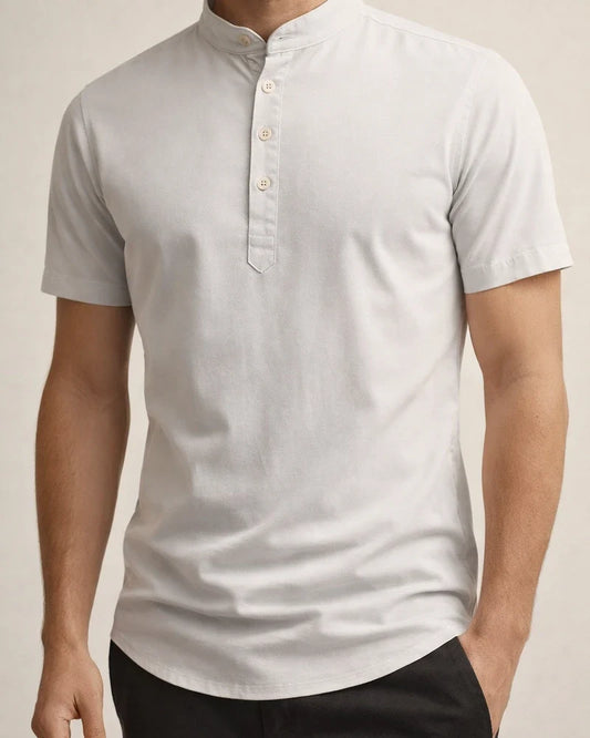 Men's Short-sleeved Shirt Stand-up Collar Pullover Solid Colour Buttons Casual Fashion Short-sleeved Shirt | JRSEE:fea374d8-e0fa-43cd-b725-4cda29fb2da5