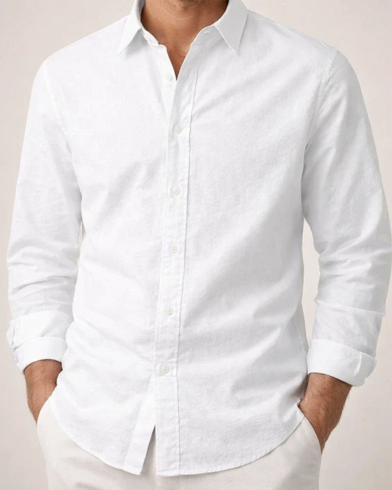 Men's Simple Solid-Color Casual Cotton-Linen Long-Sleeve Shirt with a Turn-Down Collar for Spring and Fall | JRSEE:8896c592-1758-47d4-a8ab-4d45e9ec31d9