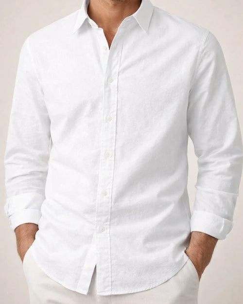 Men's Simple Solid-Color Casual Cotton-Linen Long-Sleeve Shirt with a Turn-Down Collar for Spring and Fall | JRSEE:8896c592-1758-47d4-a8ab-4d45e9ec31d9