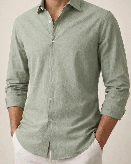 Men's Simple Solid-Color Casual Cotton-Linen Long-Sleeve Shirt with a Turn-Down Collar for Spring and Fall | JRSEE:a581686d-a7da-4937-9959-fcb069a1e9b7