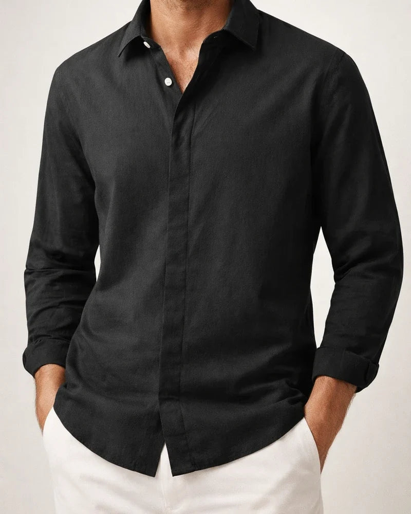 Men's Simple Solid-Color Casual Cotton-Linen Long-Sleeve Shirt with a Turn-Down Collar for Spring and Fall | JRSEE:60ba6965-c5fb-4d6a-b95e-28a89daab143