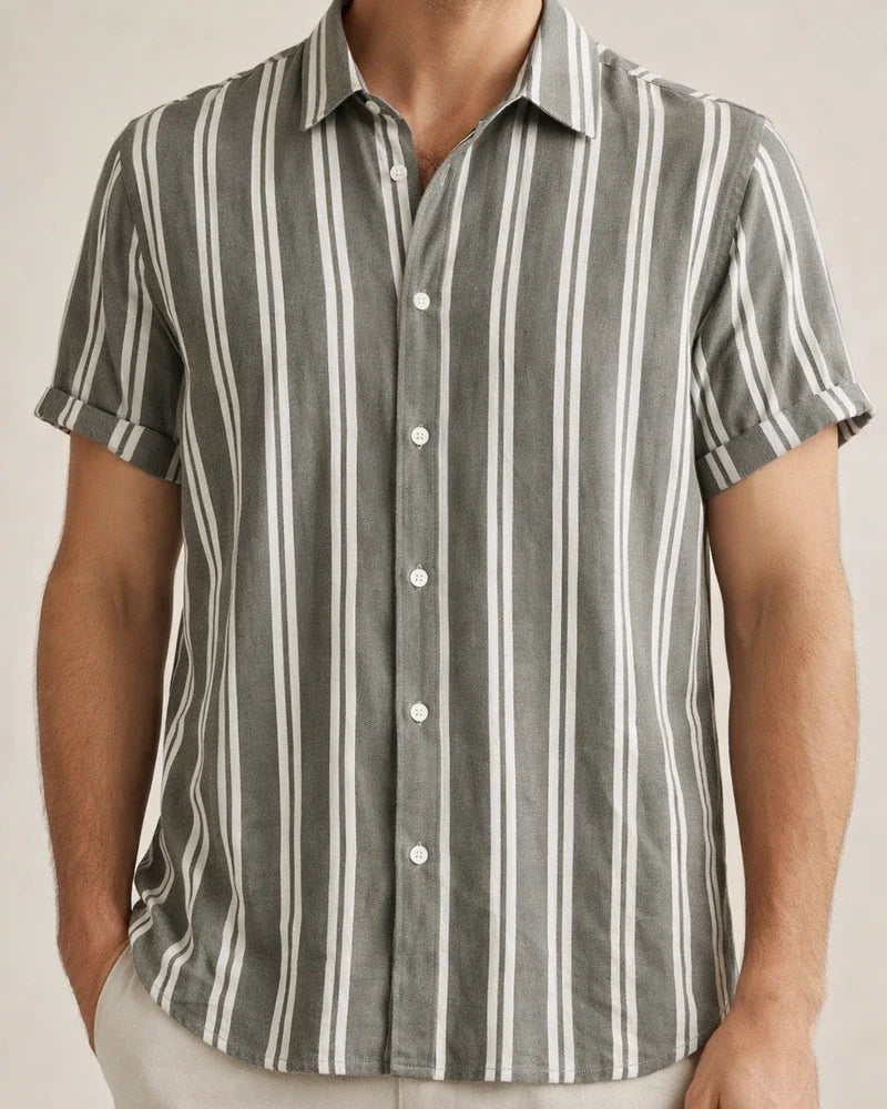 Men's Spring and Summer New Men's Shirts Men's Casual Striped Color Blocking Printing Lapel Short-sleeved Shirt Shirt | JRSEE:a5ff4078-b148-4b31-bedd-72ff1dd1ac1e