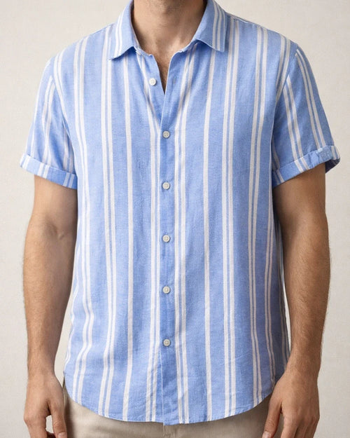 Men's Spring and Summer New Men's Shirts Men's Casual Striped Color Blocking Printing Lapel Short-sleeved Shirt Shirt | JRSEE:24124aa7-f5b4-4fa1-87c5-6ea6f45cf39b