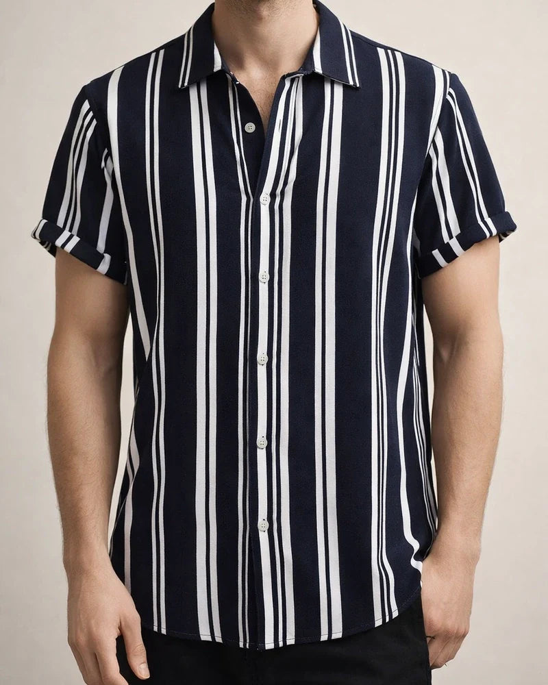 Men's Spring and Summer New Men's Shirts Men's Casual Striped Color Blocking Printing Lapel Short-sleeved Shirt Shirt | JRSEE:ae6128a5-b86e-4ea8-b042-ab256a40e746