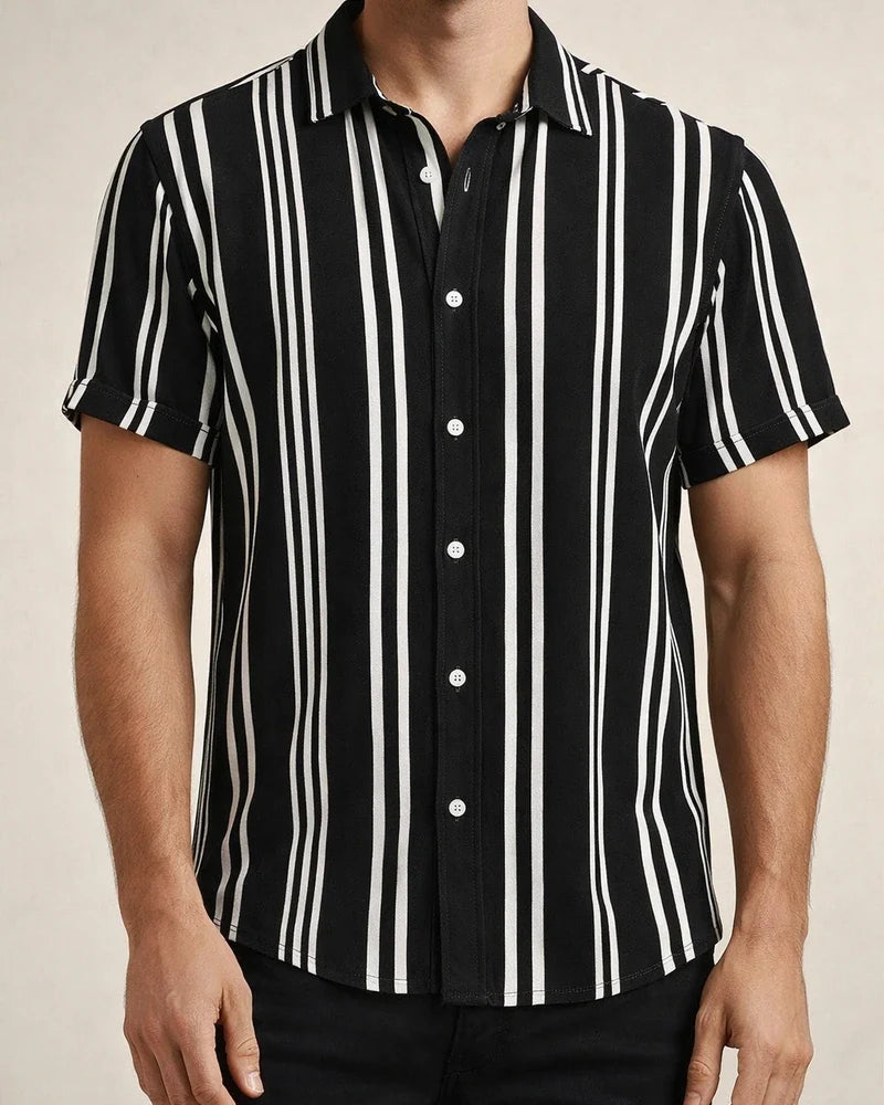 Men's Spring and Summer New Men's Shirts Men's Casual Striped Color Blocking Printing Lapel Short-sleeved Shirt Shirt | JRSEE:59e8e67f-a643-43e0-bccb-a28291ab06e2