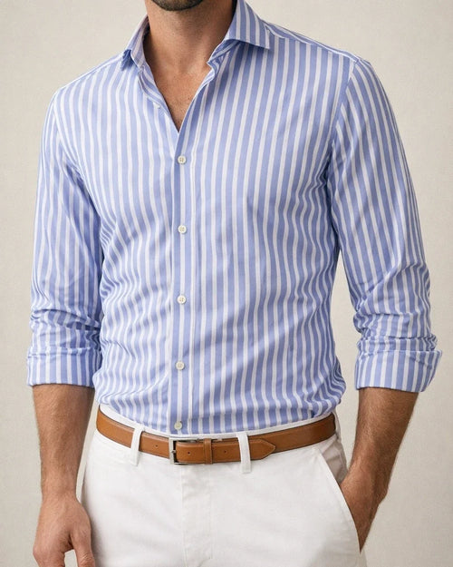Men's Striped Lapel Trendy Long Sleeved Shirt Printed Shirt | JRSEE:538852ea-45cd-433e-a5af-2ccee02f5e87