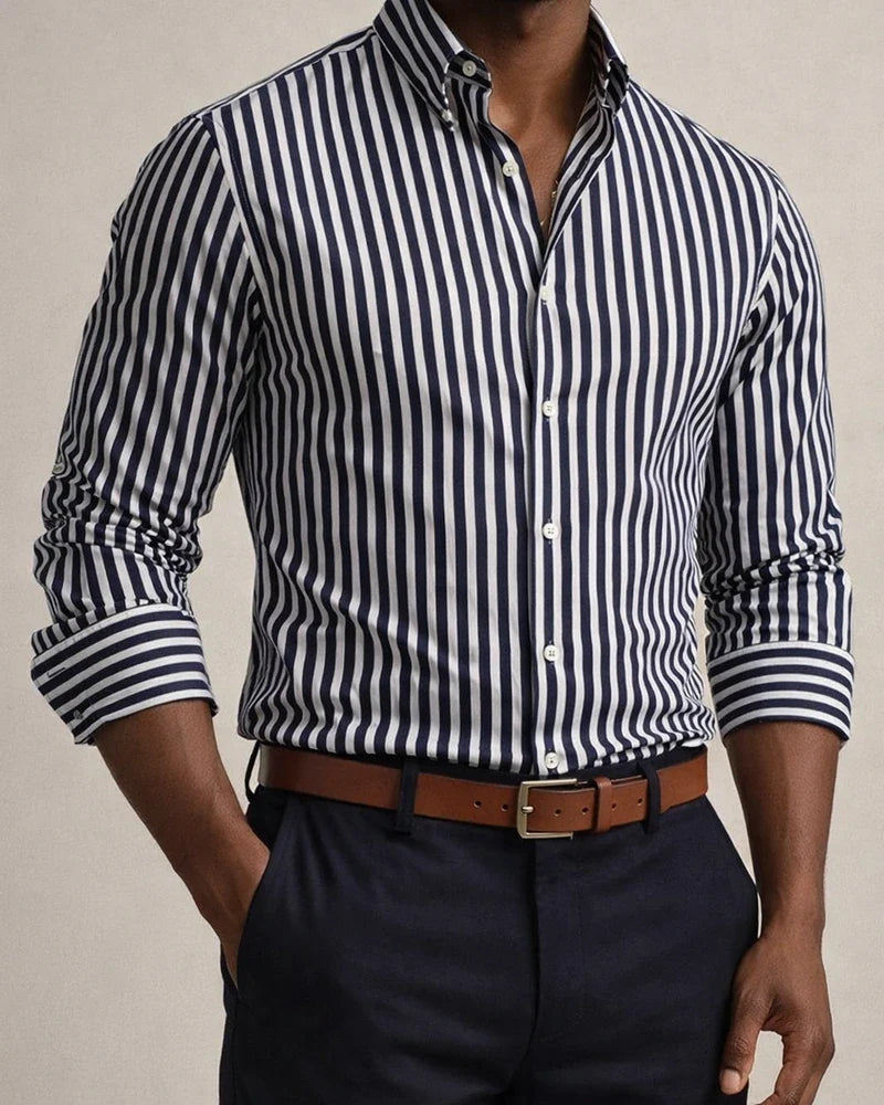 Men's Striped Lapel Trendy Long Sleeved Shirt Printed Shirt | JRSEE:24f9ec8f-ad28-466d-9ea0-784e839a93d0