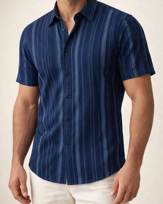 Men's Summer New Arrival Turn-down Collar Striped Short-Sleeve Casual Shirt | JRSEE:d252b125-03d9-4e61-9526-0035bdf6e20b
