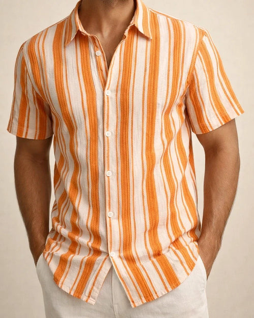 Men's Summer New Arrival Turn-down Collar Striped Short-Sleeve Casual Shirt | JRSEE:fab5eb83-275d-4a62-9be9-1261e6f7d66f