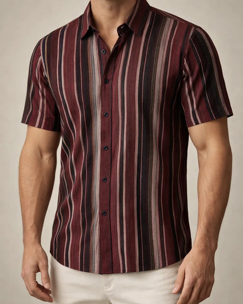 Men's Summer New Arrival Turn-down Collar Striped Short-Sleeve Casual Shirt | JRSEE:1262323c-da86-43d4-b86f-97211be9a09d