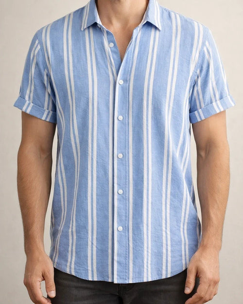 Men's Summer New Men's Casual Shirt Men's Casual Striped Printed Short-sleeved Shirt | JRSEE:2860c818-5455-443d-b884-4b9f8fd64951
