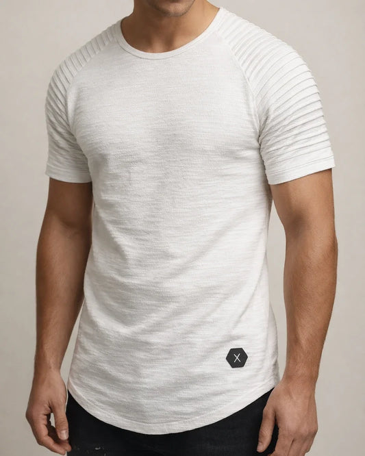 Men's Summer Round Neck Slim Solid Color Short-sleeved T-shirt Striped Pleated Inserted Sleeve Casual Men's Short T | JRSEE:1e1f87b8-4c11-458a-a4bf-5dc716576543