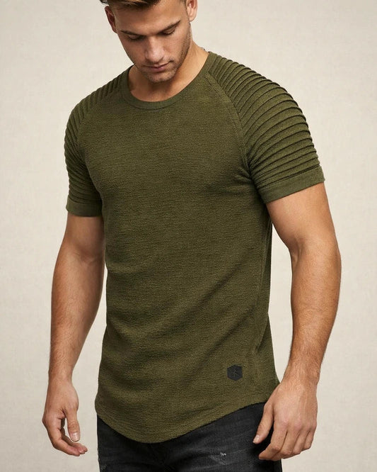 Men's Summer Round Neck Slim Solid Color Short-sleeved T-shirt Striped Pleated Inserted Sleeve Casual Men's Short T | JRSEE:fa496dc8-e21a-4dd3-88eb-94844193f73e