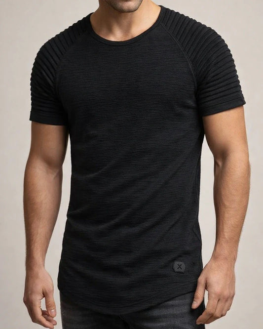Men's Summer Round Neck Slim Solid Color Short-sleeved T-shirt Striped Pleated Inserted Sleeve Casual Men's Short T | JRSEE:d942592c-b7a8-4cca-bcbe-212d16316b5a