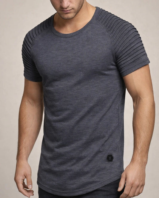 Men's Summer Round Neck Slim Solid Color Short-sleeved T-shirt Striped Pleated Inserted Sleeve Casual Men's Short T | JRSEE:a53ad897-2564-42e7-85e6-1fd91a2ef048
