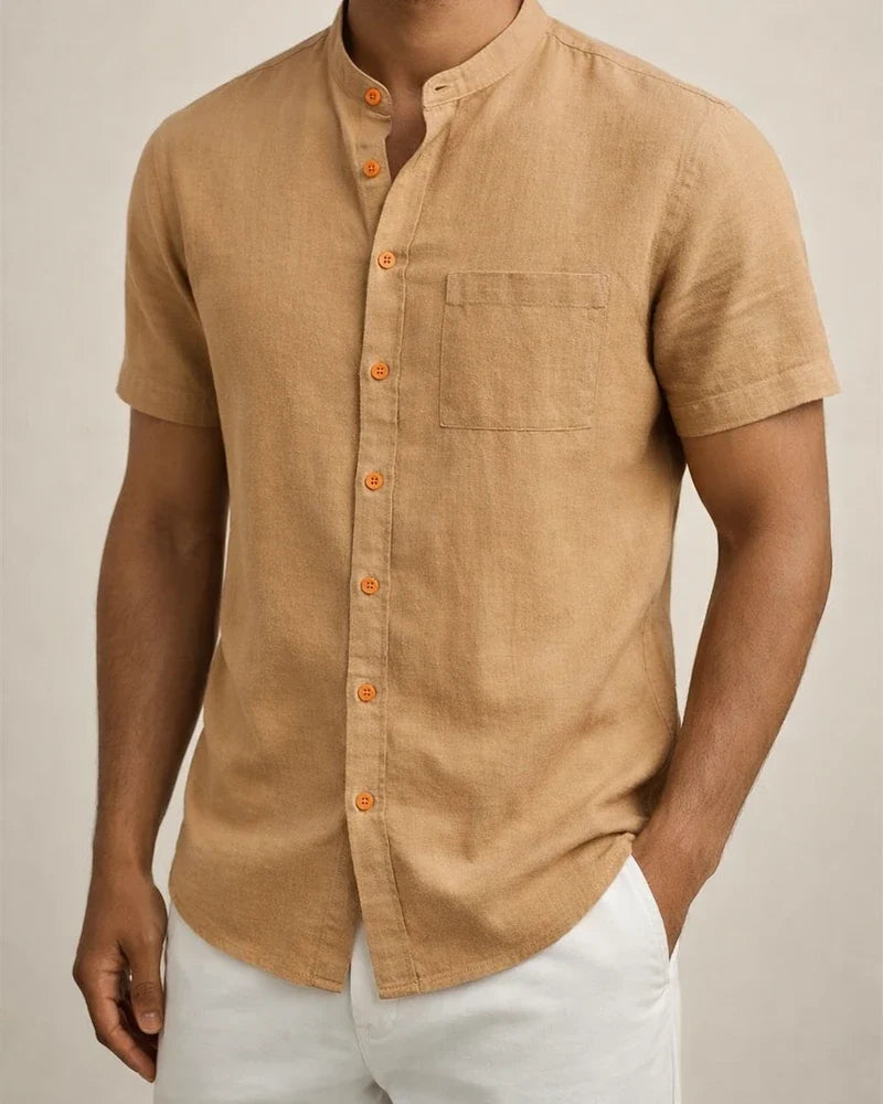 Men's Summer Shirt with Stand-up Collar and Short Sleeves Solid-Color Casual Shirt | JRSEE:2afc5228-be08-4db0-84ca-a1d11a91d6ca