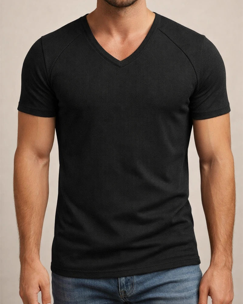 Men's Summer Wrinkle-resistant Breathable Waffle Solid Color T-shirt Loose V-neck Plunging Sleeve Solid Color Quick Dry Men's Short-sleeved T-shirt | JRSEE:008c6ef3-1b0b-481e-9969-139ae3522043