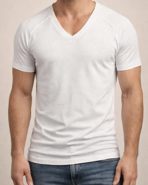 Men's Summer Wrinkle-resistant Breathable Waffle Solid Color T-shirt Loose V-neck Plunging Sleeve Solid Color Quick Dry Men's Short-sleeved T-shirt | JRSEE:e5662c2e-3ac8-458a-85cf-c297bc6ac785