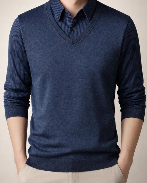 Men's Sweater Knit Shirt Collar Fleece-Lined Thickened Warm Faux Two-Piece | JRSEE:40e345f3-7f79-411a-bb68-ab5b39e81a2b