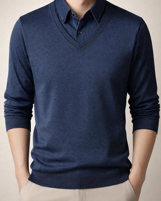 Men's Sweater Knit Shirt Collar Fleece-Lined Thickened Warm Faux Two-Piece | JRSEE:40e345f3-7f79-411a-bb68-ab5b39e81a2b