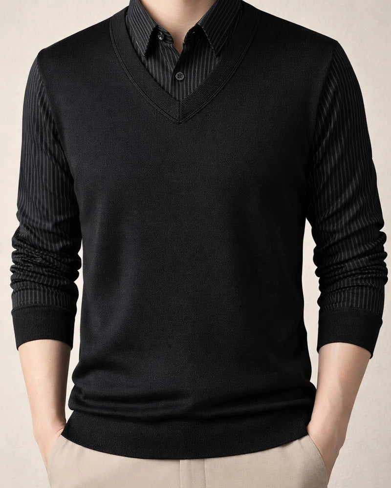 Men's Sweater Knit Shirt Collar Fleece-Lined Thickened Warm Faux Two-Piece | JRSEE:0a549451-0fa7-491e-8ae8-f4762de41346