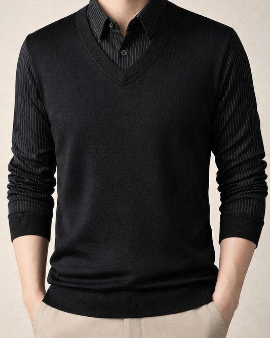 Men's Sweater Knit Shirt Collar Fleece-Lined Thickened Warm Faux Two-Piece | JRSEE:0a549451-0fa7-491e-8ae8-f4762de41346