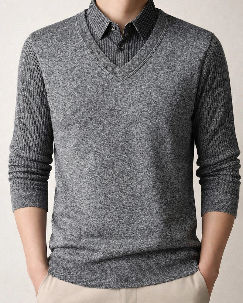 Men's Sweater Knit Shirt Collar Fleece-Lined Thickened Warm Faux Two-Piece | JRSEE:dae215a8-0e6b-40a7-806f-8fabad4447a8