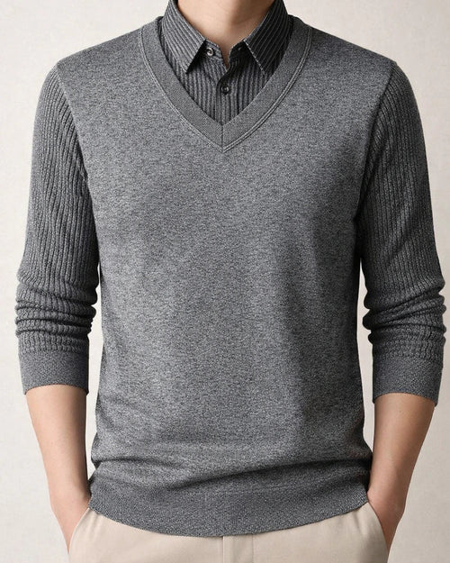 Men's Sweater Knit Shirt Collar Fleece-Lined Thickened Warm Faux Two-Piece | JRSEE:dae215a8-0e6b-40a7-806f-8fabad4447a8