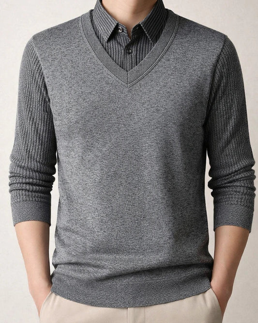 Men's Sweater Knit Shirt Collar Fleece-Lined Thickened Warm Faux Two-Piece | JRSEE:dae215a8-0e6b-40a7-806f-8fabad4447a8