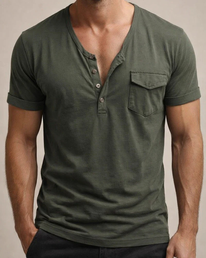 Men's V-neck Summer Loose-Fit Retro Pocket Henley Short-Sleeve T-Shirt | JRSEE:abc6e7ae-7ff3-4ba1-92e4-1524bc080ca5