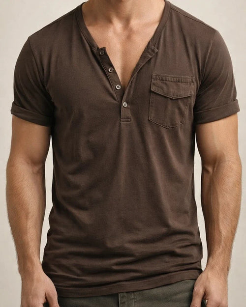 Men's V-neck Summer Loose-Fit Retro Pocket Henley Short-Sleeve T-Shirt | JRSEE:4d555ce8-78a7-4ec9-8e43-8da8041706c2