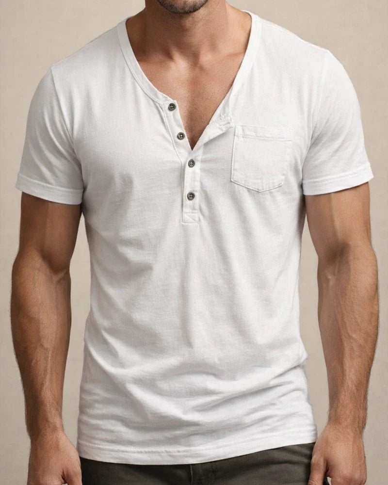 Men's V-neck Summer Loose-Fit Retro Pocket Henley Short-Sleeve T-Shirt | JRSEE:bd9c6100-61c0-4294-b0a3-7902a2c23f92