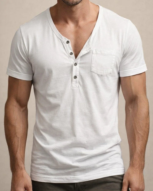 Men's V-neck Summer Loose-Fit Retro Pocket Henley Short-Sleeve T-Shirt | JRSEE:bd9c6100-61c0-4294-b0a3-7902a2c23f92