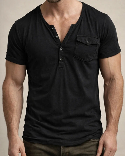 Men's V-neck Summer Loose-Fit Retro Pocket Henley Short-Sleeve T-Shirt | JRSEE:e37ca346-9464-4a23-821b-bb9b441581c5