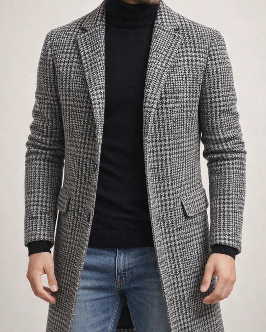 Men's Winter Coat Overcoat Business Casual Winter Fall Polyester Outerwear Clothing Apparel Houndstooth Notch lapel collar Open Front | JRSEE:61a7b42f-c1d2-4cf3-8fa9-ccc02258c436