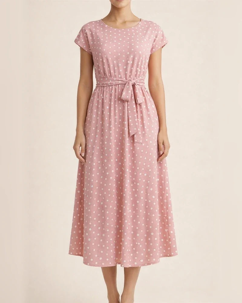 Mid-length Short-sleeved Lace-up Polka Dot Pleated Dress | JRSEE:516112a5-bdc1-45fe-a06b-d3f423192bea